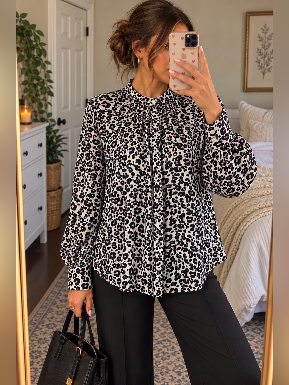 LOFT Leopard Print Blouse XL Black White Blush Pink Long Sleeve